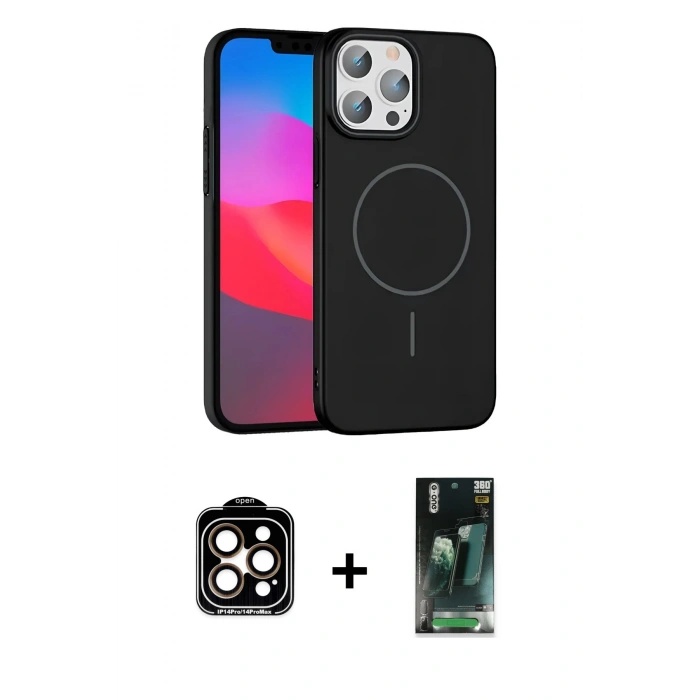 MARSİLYAN™- iPhone 15 Pro Max Kılıf Siluet Doku Özel Seri - Siyah 360 Mat Full Body Arka Koruyucu + PVD Metal Kamera Lens - TU