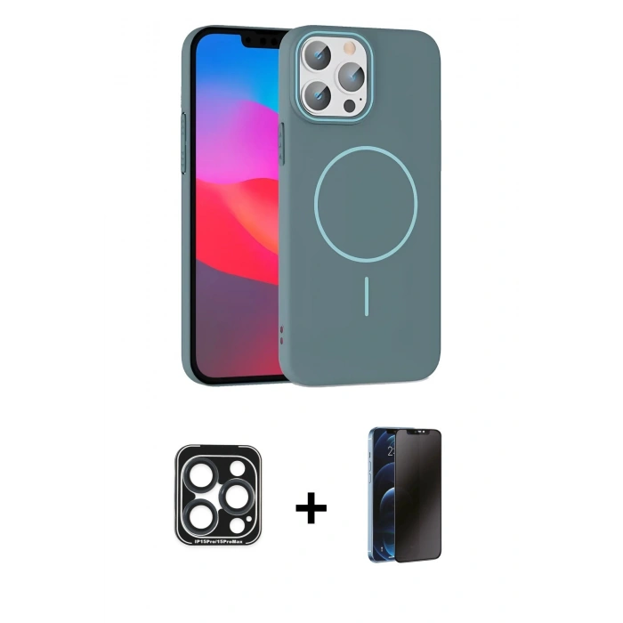 MARSİLYAN™- iPhone 15 Pro Max Kılıf Siluet Doku Özel Seri - Siyah 3D Antistatik Hayalet Cam Ekran Koruyucu + PVD Metal Kamera Lens - LT