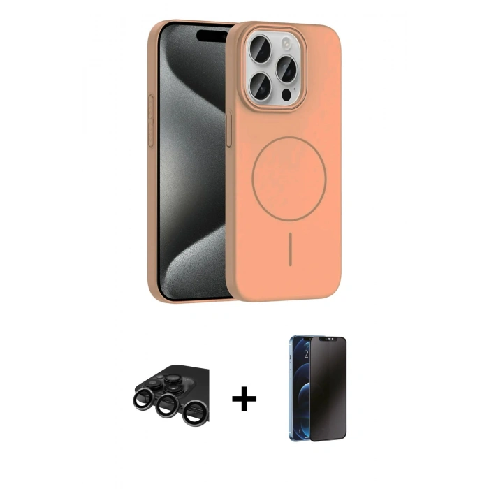 MARSİLYAN™- iPhone 15 Pro Max Kılıf Siluet Doku Özel Seri - Siyah 3D Antistatik Hayalet Cam Ekran Koruyucu + Raze Metal Kamera Lens - TMGI