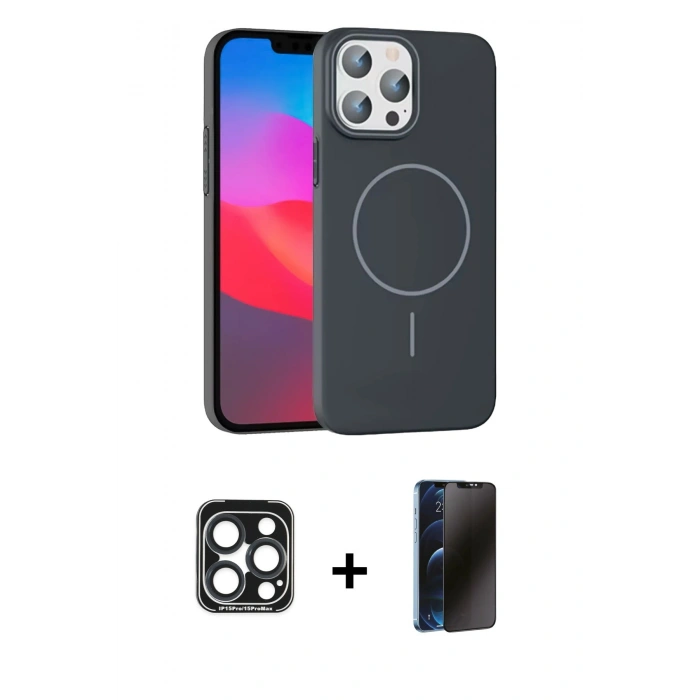 MARSİLYAN™- iPhone 15 Pro Max Kılıf Siluet Doku Özel Seri - Siyah 3D Antistatik Hayalet Cam Ekran Koruyucu + PVD Metal Kamera Lens - LT