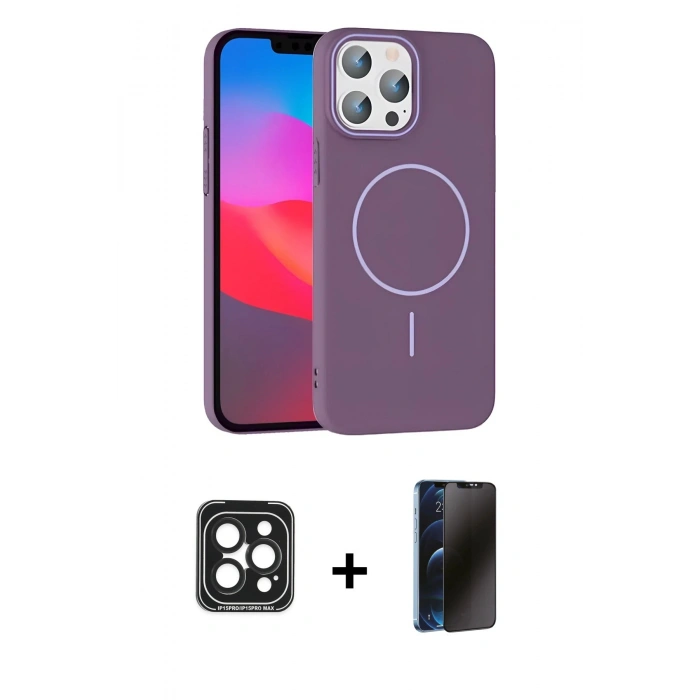 MARSİLYAN™- iPhone 15 Pro Max Kılıf Siluet Doku Özel Seri - Siyah 3D Antistatik Hayalet Cam Ekran Koruyucu + PVD Metal Kamera Lens - SH