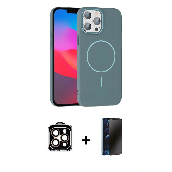 MARSİLYAN™- iPhone 15 Pro Max Kılıf Siluet Doku Özel Seri - Siyah 3D Antistatik Hayalet Cam Ekran Koruyucu + Turuncu PVD Metal Kamera Lens
