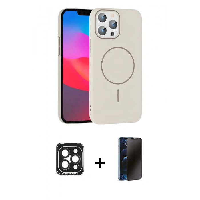 MARSİLYAN™- iPhone 15 Pro Max Kılıf Siluet Doku Özel Seri - Siyah 3D Antistatik Hayalet Cam Ekran Koruyucu + PVD Metal Kamera Lens - SH