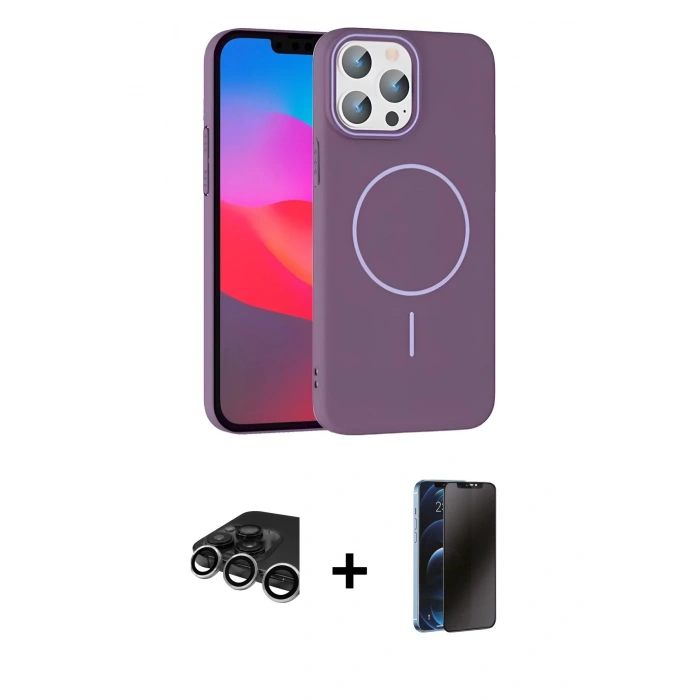 MARSİLYAN™- iPhone 15 Pro Max Kılıf Siluet Doku Özel Seri - Siyah 3D Antistatik Hayalet Cam Ekran Koruyucu + Raze Metal Kamera Lens - GS