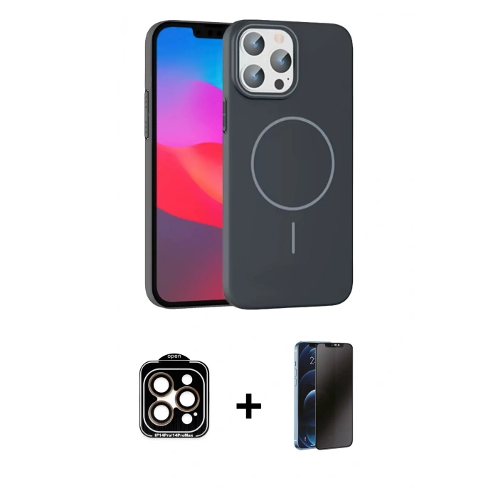 MARSİLYAN™- iPhone 15 Pro Max Kılıf Siluet Doku Özel Seri - Siyah 3D Antistatik Hayalet Cam Ekran Koruyucu + Turuncu PVD Metal Kamera Lens