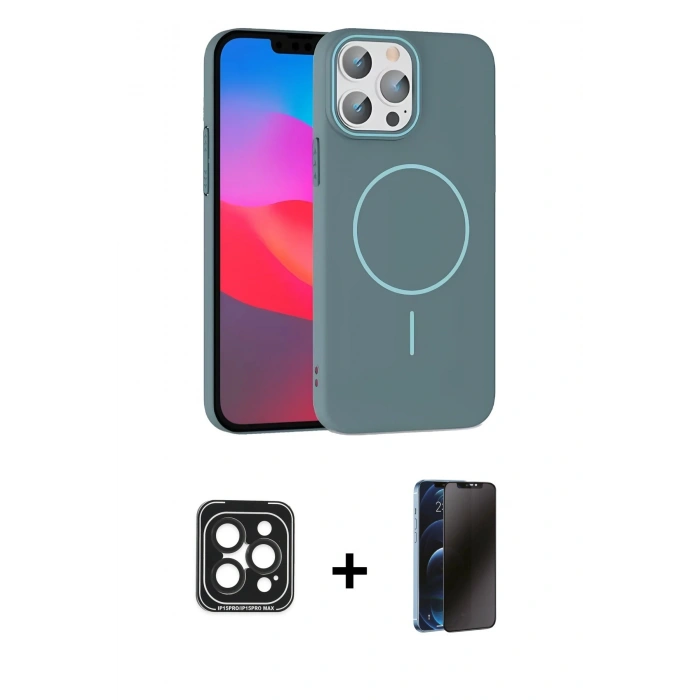 MARSİLYAN™- iPhone 15 Pro Max Kılıf Siluet Doku Özel Seri - Siyah 3D Antistatik Hayalet Cam Ekran Koruyucu + PVD Metal Kamera Lens - SH