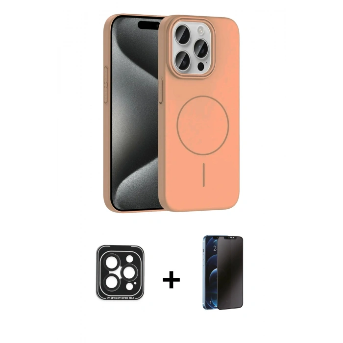 MARSİLYAN™- iPhone 15 Pro Max Kılıf Siluet Doku Özel Seri - Siyah 3D Antistatik Hayalet Cam Ekran Koruyucu + PVD Metal Kamera Lens - SH