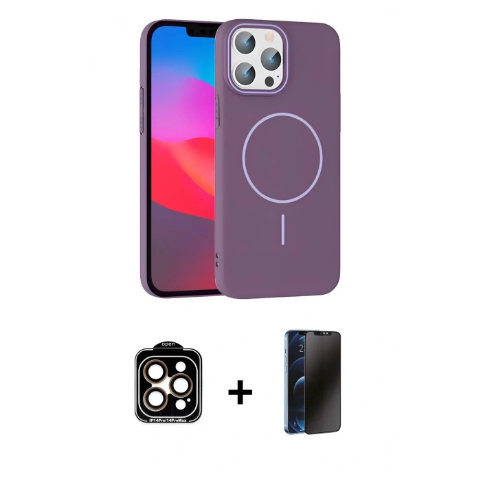 MARSİLYAN™- iPhone 15 Pro Max Kılıf Siluet Doku Özel Seri - Siyah 3D Antistatik Hayalet Cam Ekran Koruyucu + Turuncu PVD Metal Kamera Lens