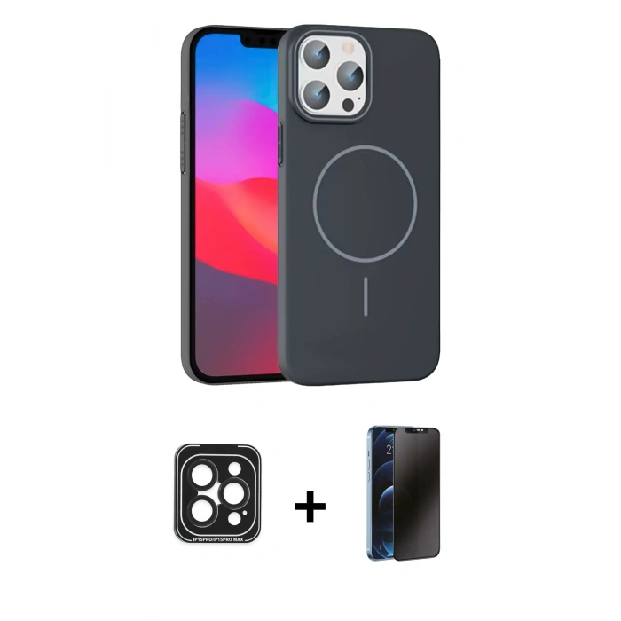 MARSİLYAN™- iPhone 15 Pro Max Kılıf Siluet Doku Özel Seri - Siyah 3D Antistatik Hayalet Cam Ekran Koruyucu + PVD Metal Kamera Lens - SH
