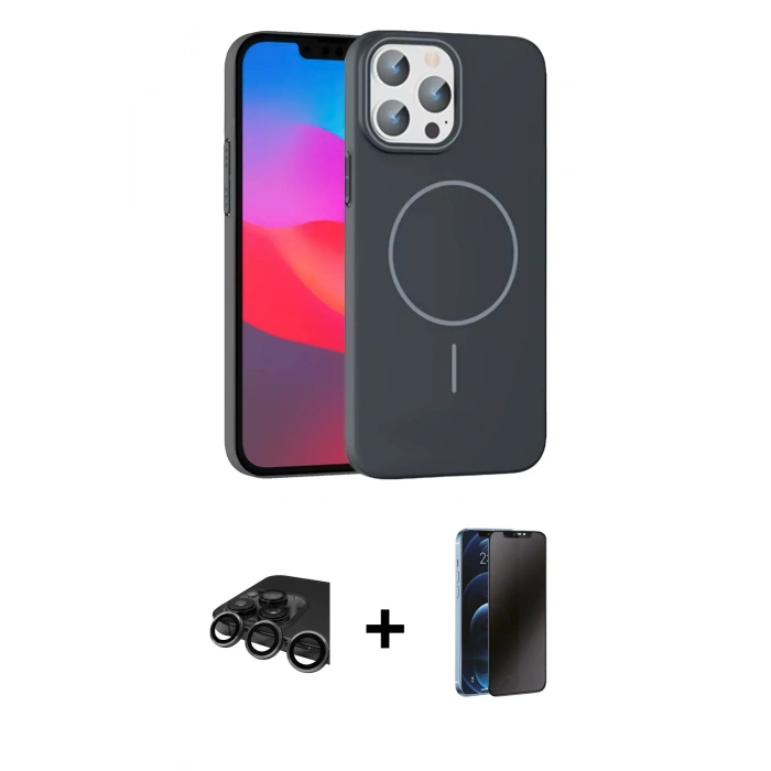 MARSİLYAN™- iPhone 15 Pro Max Kılıf Siluet Doku Özel Seri - Siyah 3D Antistatik Hayalet Cam Ekran Koruyucu + Raze Metal Kamera Lens - TMGI