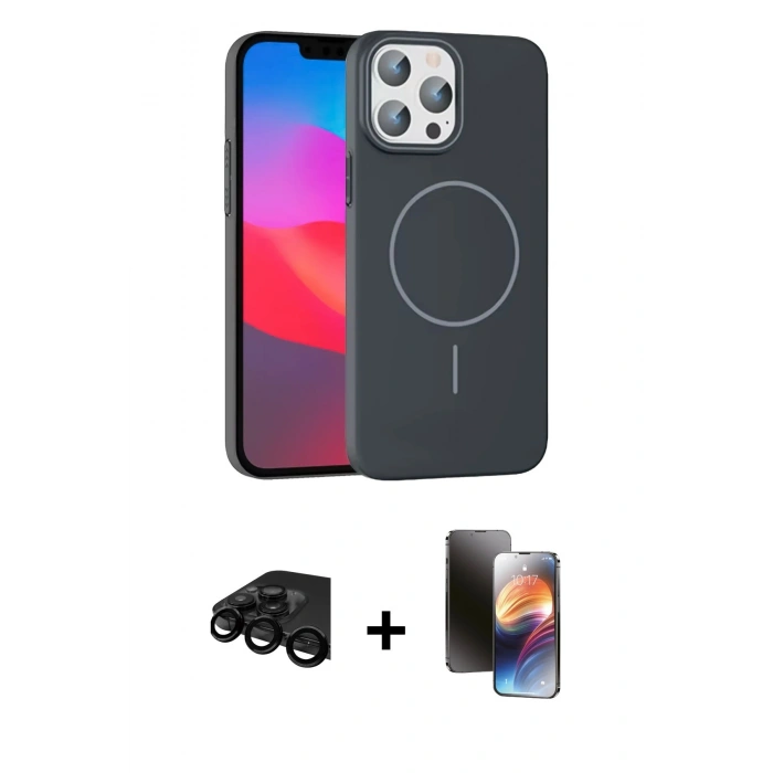 MARSİLYAN™- iPhone 15 Pro Max Kılıf Siluet Doku Özel Seri - Siyah 3D Antistatik Mat Seramik Nano Ekran Koruyucu + Raze Metal Kamera Lens - SH