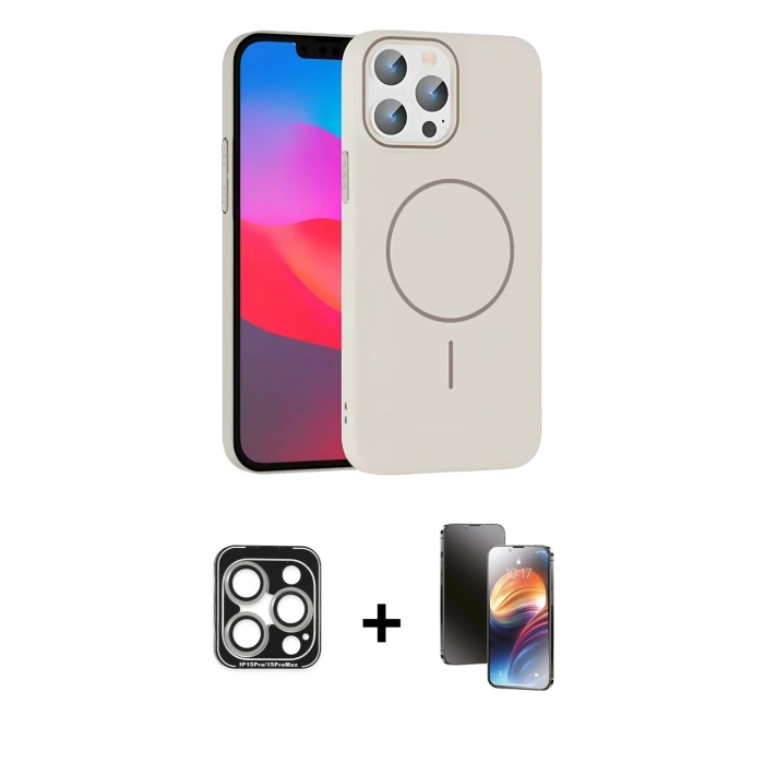 MARSİLYAN™- iPhone 15 Pro Max Kılıf Siluet Doku Özel Seri - Siyah 3D Antistatik Mat Seramik Nano Ekran Koruyucu + PVD Metal Kamera Lens - GS