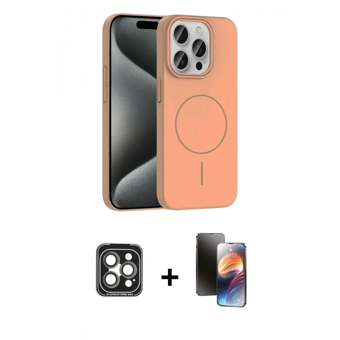MARSİLYAN™- iPhone 15 Pro Max Kılıf Siluet Doku Özel Seri - Siyah 3D Antistatik Mat Seramik Nano Ekran Koruyucu + PVD Metal Kamera Lens - GI