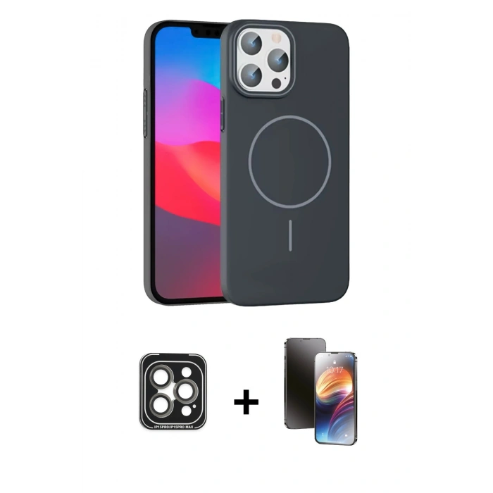 MARSİLYAN™- iPhone 15 Pro Max Kılıf Siluet Doku Özel Seri - Siyah 3D Antistatik Mat Seramik Nano Ekran Koruyucu + PVD Metal Kamera Lens - GI
