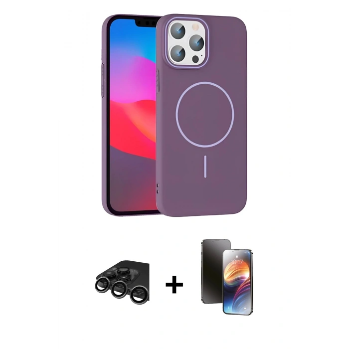 MARSİLYAN™- iPhone 15 Pro Max Kılıf Siluet Doku Özel Seri - Siyah 3D Antistatik Mat Seramik Nano Ekran Koruyucu + Raze Metal Kamera Lens - TMGI