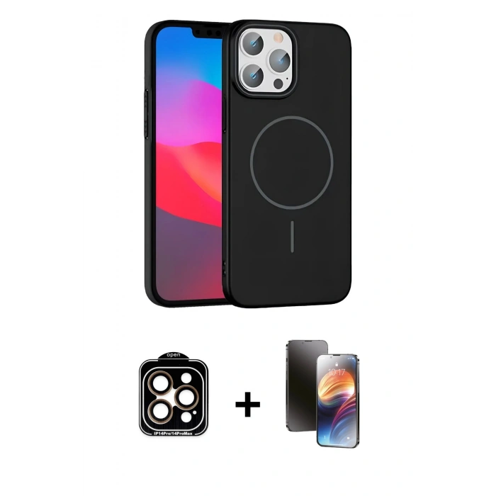 MARSİLYAN™- iPhone 15 Pro Max Kılıf Siluet Doku Özel Seri - Siyah 3D Antistatik Mat Seramik Nano Ekran Koruyucu + PVD Metal Kamera Lens - TU
