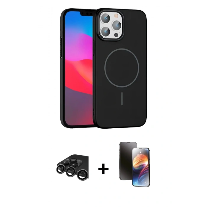 MARSİLYAN™- iPhone 15 Pro Max Kılıf Siluet Doku Özel Seri - Siyah 3D Antistatik Mat Seramik Nano Ekran Koruyucu + Raze Metal Kamera Lens - TMGI