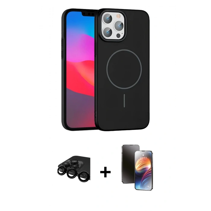 MARSİLYAN™- iPhone 15 Pro Max Kılıf Siluet Doku Özel Seri - Siyah 3D Antistatik Mat Seramik Nano Ekran Koruyucu + Raze Metal Kamera Lens - SH