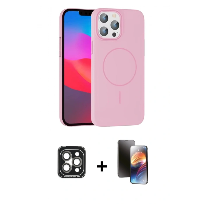 MARSİLYAN™- iPhone 15 Pro Max Kılıf Siluet Doku Özel Seri - Siyah 3D Antistatik Mat Seramik Nano Ekran Koruyucu + PVD Metal Kamera Lens - GI
