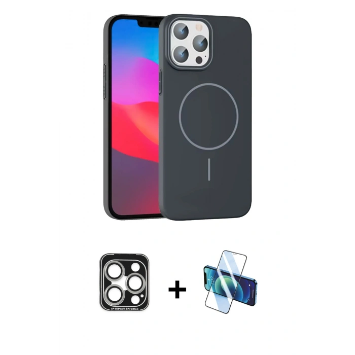 MARSİLYAN™- iPhone 15 Pro Max Kılıf Siluet Doku Özel Seri - Siyah 3D Antistatik Seramik Nano Ekran Koruyucu + Gümüş PVD Metal Kamera Lens
