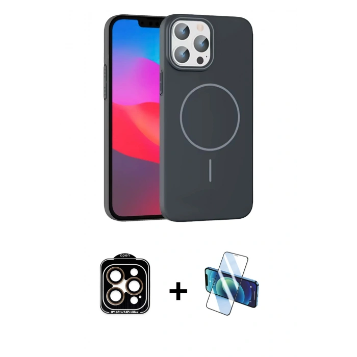 MARSİLYAN™- iPhone 15 Pro Max Kılıf Siluet Doku Özel Seri - Siyah 3D Antistatik Seramik Nano Ekran Koruyucu + PVD Metal Kamera Lens - TU