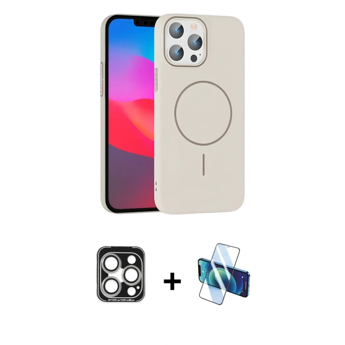 MARSİLYAN™- iPhone 15 Pro Max Kılıf Siluet Doku Özel Seri - Siyah 3D Antistatik Seramik Nano Ekran Koruyucu + Gümüş PVD Metal Kamera Lens