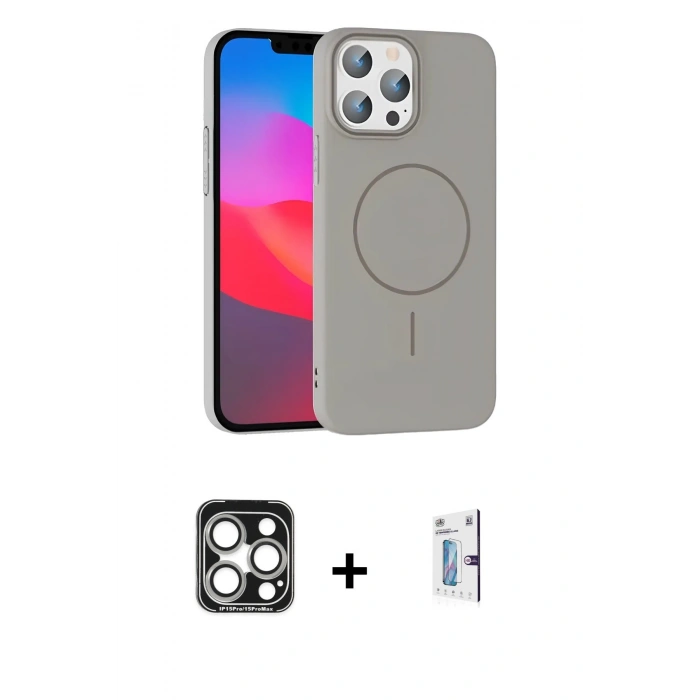 MARSİLYAN™- iPhone 15 Pro Max Kılıf Siluet Doku Özel Seri - Siyah Bilvis 0.18mm Plus Cam Ekran Koruyucu + Gümüş PVD Metal Kamera Lens