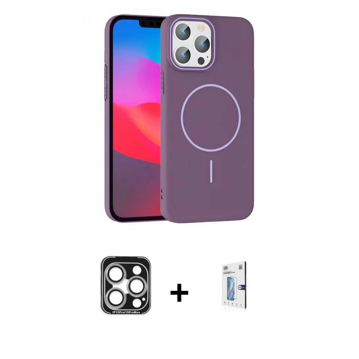MARSİLYAN™- iPhone 15 Pro Max Kılıf Siluet Doku Özel Seri - Siyah Bilvis 0.18mm Plus Cam Ekran Koruyucu + Gümüş PVD Metal Kamera Lens