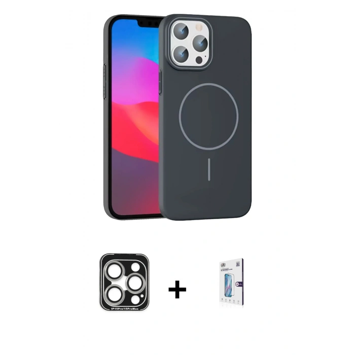 MARSİLYAN™- iPhone 15 Pro Max Kılıf Siluet Doku Özel Seri - Siyah Bilvis 0.18mm Plus Cam Ekran Koruyucu + Gümüş PVD Metal Kamera Lens