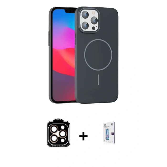 MARSİLYAN™- iPhone 15 Pro Max Kılıf Siluet Doku Özel Seri - Siyah Bilvis 0.18mm Plus Cam Ekran Koruyucu + PVD Metal Kamera Lens - TU