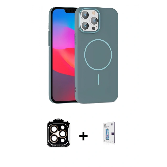 MARSİLYAN™- iPhone 15 Pro Max Kılıf Siluet Doku Özel Seri - Siyah Bilvis 0.18mm Plus Cam Ekran Koruyucu + PVD Metal Kamera Lens - TU