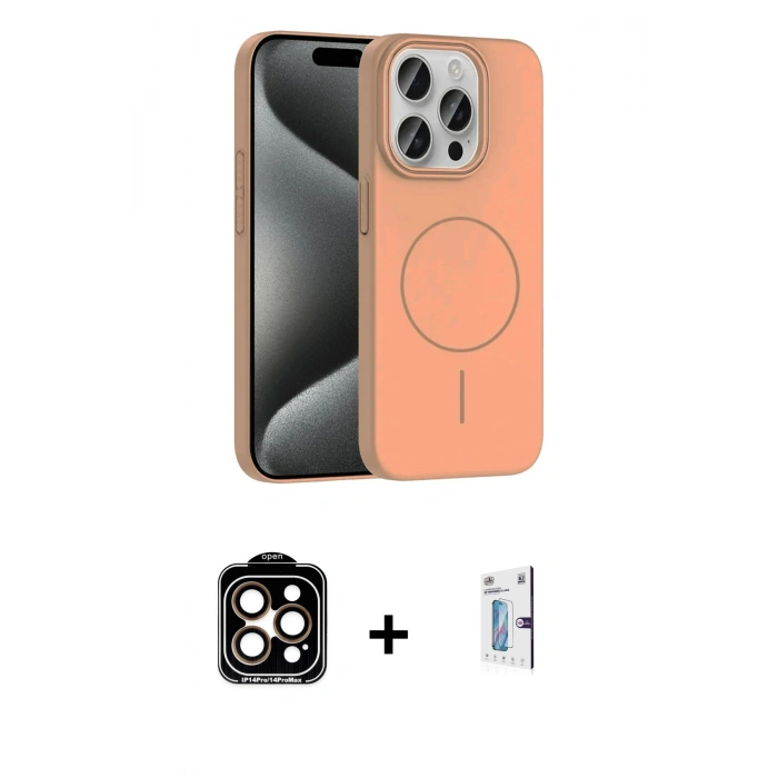 MARSİLYAN™- iPhone 15 Pro Max Kılıf Siluet Doku Özel Seri - Siyah Bilvis 0.18mm Plus Cam Ekran Koruyucu + PVD Metal Kamera Lens - TU