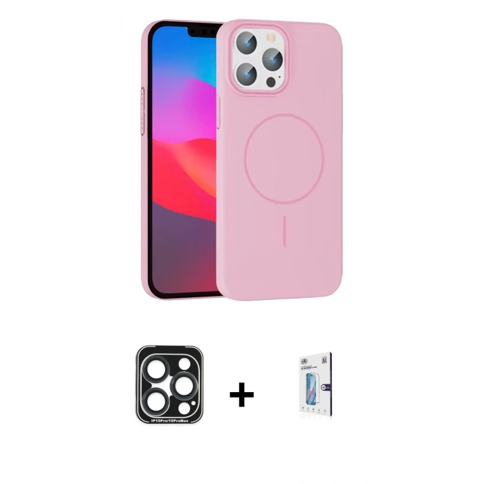 MARSİLYAN™- iPhone 15 Pro Max Kılıf Siluet Doku Özel Seri - Siyah Bilvis 0.18mm Plus Cam Ekran Koruyucu + PVD Metal Kamera Lens - LT