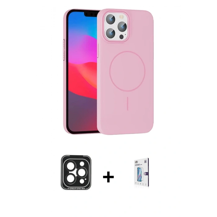 MARSİLYAN™- iPhone 15 Pro Max Kılıf Siluet Doku Özel Seri - Siyah Bilvis 0.18mm Plus Cam Ekran Koruyucu + PVD Metal Kamera Lens - SH