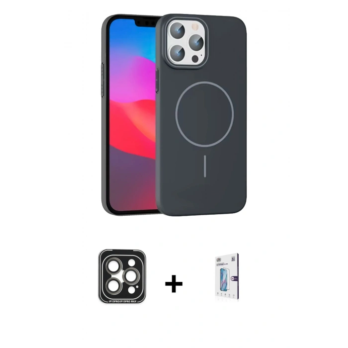 MARSİLYAN™- iPhone 15 Pro Max Kılıf Siluet Doku Özel Seri - Siyah Bilvis 0.18mm Plus Cam Ekran Koruyucu + PVD Metal Kamera Lens - GI