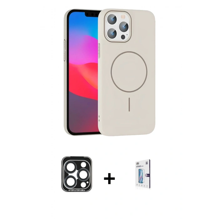 MARSİLYAN™- iPhone 15 Pro Max Kılıf Siluet Doku Özel Seri - Siyah Bilvis 0.18mm Plus Cam Ekran Koruyucu + PVD Metal Kamera Lens - LT