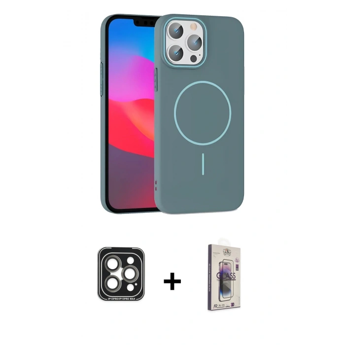 MARSİLYAN™- iPhone 15 Pro Max Kılıf Siluet Doku Özel Seri - Siyah Bilvis 3D Cam Ekran Koruyucu + PVD Metal Kamera Lens - GI