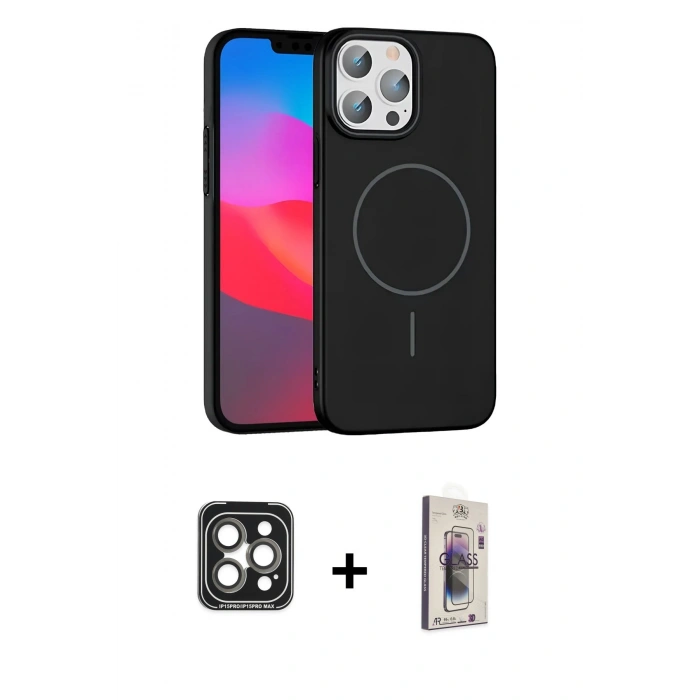 MARSİLYAN™- iPhone 15 Pro Max Kılıf Siluet Doku Özel Seri - Siyah Bilvis 3D Cam Ekran Koruyucu + PVD Metal Kamera Lens - GI
