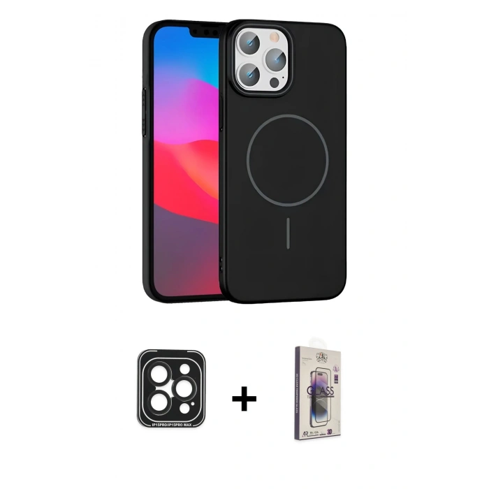 MARSİLYAN™- iPhone 15 Pro Max Kılıf Siluet Doku Özel Seri - Siyah Bilvis 3D Cam Ekran Koruyucu + PVD Metal Kamera Lens - SH
