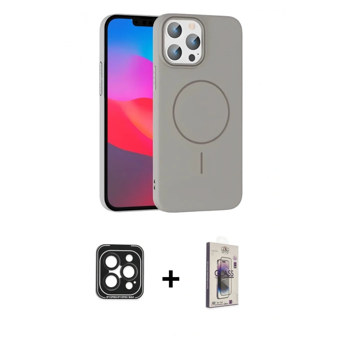 MARSİLYAN™- iPhone 15 Pro Max Kılıf Siluet Doku Özel Seri - Siyah Bilvis 3D Cam Ekran Koruyucu + PVD Metal Kamera Lens - SH