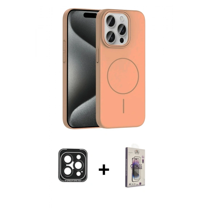 MARSİLYAN™- iPhone 15 Pro Max Kılıf Siluet Doku Özel Seri - Siyah Bilvis 3D Cam Ekran Koruyucu + PVD Metal Kamera Lens - SH