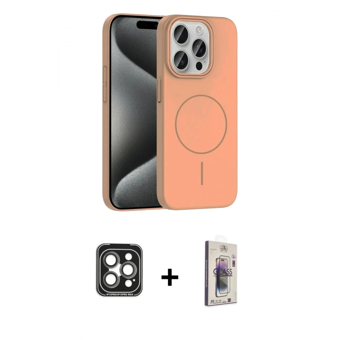 MARSİLYAN™- iPhone 15 Pro Max Kılıf Siluet Doku Özel Seri - Siyah Bilvis 3D Cam Ekran Koruyucu + PVD Metal Kamera Lens - GI