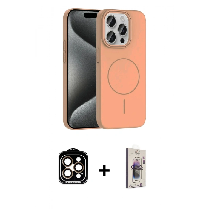 MARSİLYAN™- iPhone 15 Pro Max Kılıf Siluet Doku Özel Seri - Siyah Bilvis 3D Cam Ekran Koruyucu + PVD Metal Kamera Lens - TU