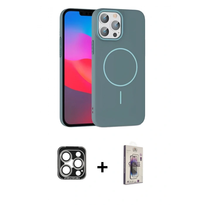 MARSİLYAN™- iPhone 15 Pro Max Kılıf Siluet Doku Özel Seri - Siyah Bilvis 3D Cam Ekran Koruyucu + PVD Metal Kamera Lens - GS