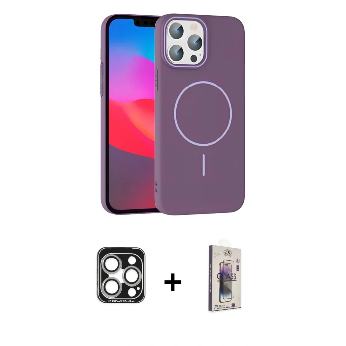 MARSİLYAN™- iPhone 15 Pro Max Kılıf Siluet Doku Özel Seri - Siyah Bilvis 3D Cam Ekran Koruyucu + PVD Metal Kamera Lens - GS