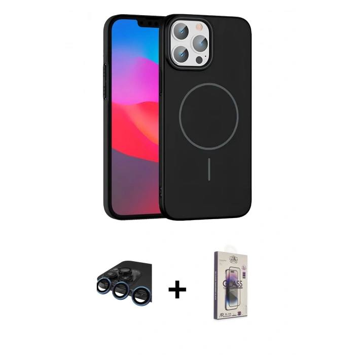 MARSİLYAN™- iPhone 15 Pro Max Kılıf Siluet Doku Özel Seri - Siyah Bilvis 3D Cam Ekran Koruyucu + Raze Metal Kamera Lens - LT