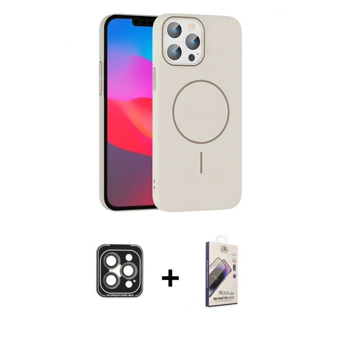 MARSİLYAN™- iPhone 15 Pro Max Kılıf Siluet Doku Özel Seri - Siyah Bilvis 3D Mat Cam Ekran Koruyucu + PVD Metal Kamera Lens - GI