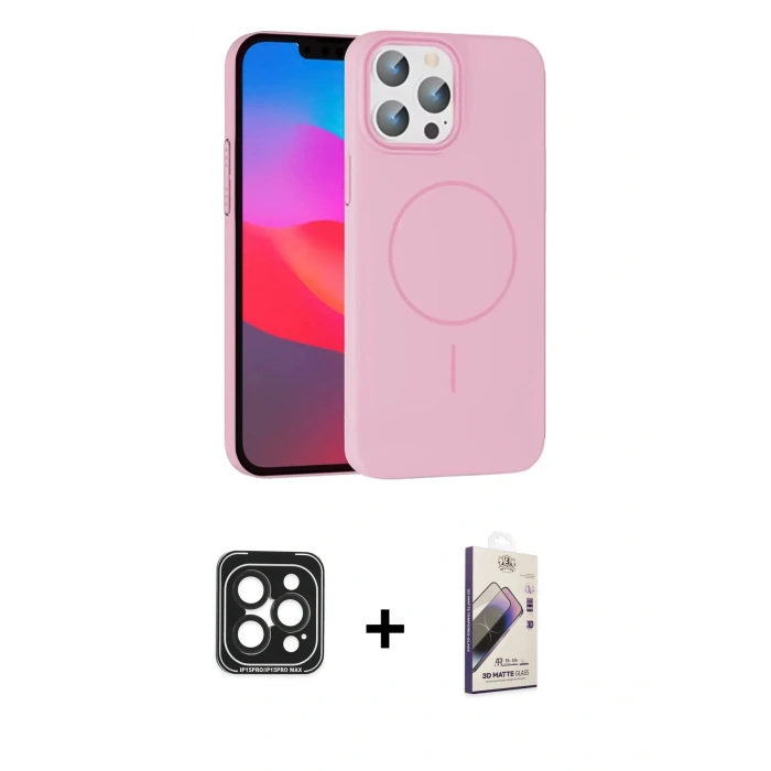 MARSİLYAN™- iPhone 15 Pro Max Kılıf Siluet Doku Özel Seri - Siyah Bilvis 3D Mat Cam Ekran Koruyucu + PVD Metal Kamera Lens - SH