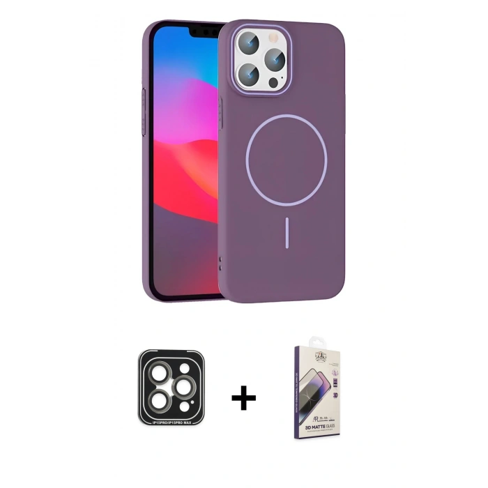 MARSİLYAN™- iPhone 15 Pro Max Kılıf Siluet Doku Özel Seri - Siyah Bilvis 3D Mat Cam Ekran Koruyucu + PVD Metal Kamera Lens - GI