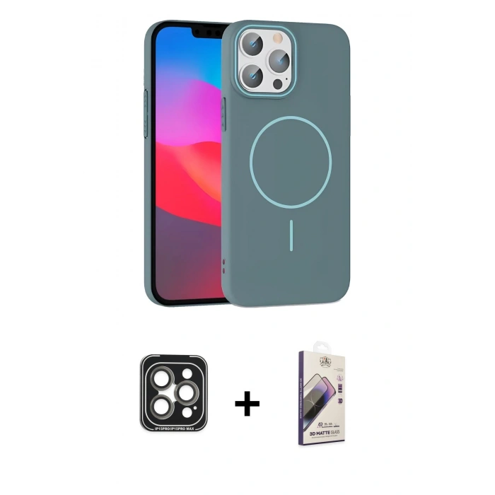MARSİLYAN™- iPhone 15 Pro Max Kılıf Siluet Doku Özel Seri - Siyah Bilvis 3D Mat Cam Ekran Koruyucu + PVD Metal Kamera Lens - GI